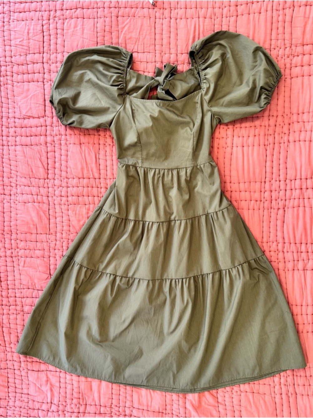 Olive Puff Sleeve Tiered Mini Dress